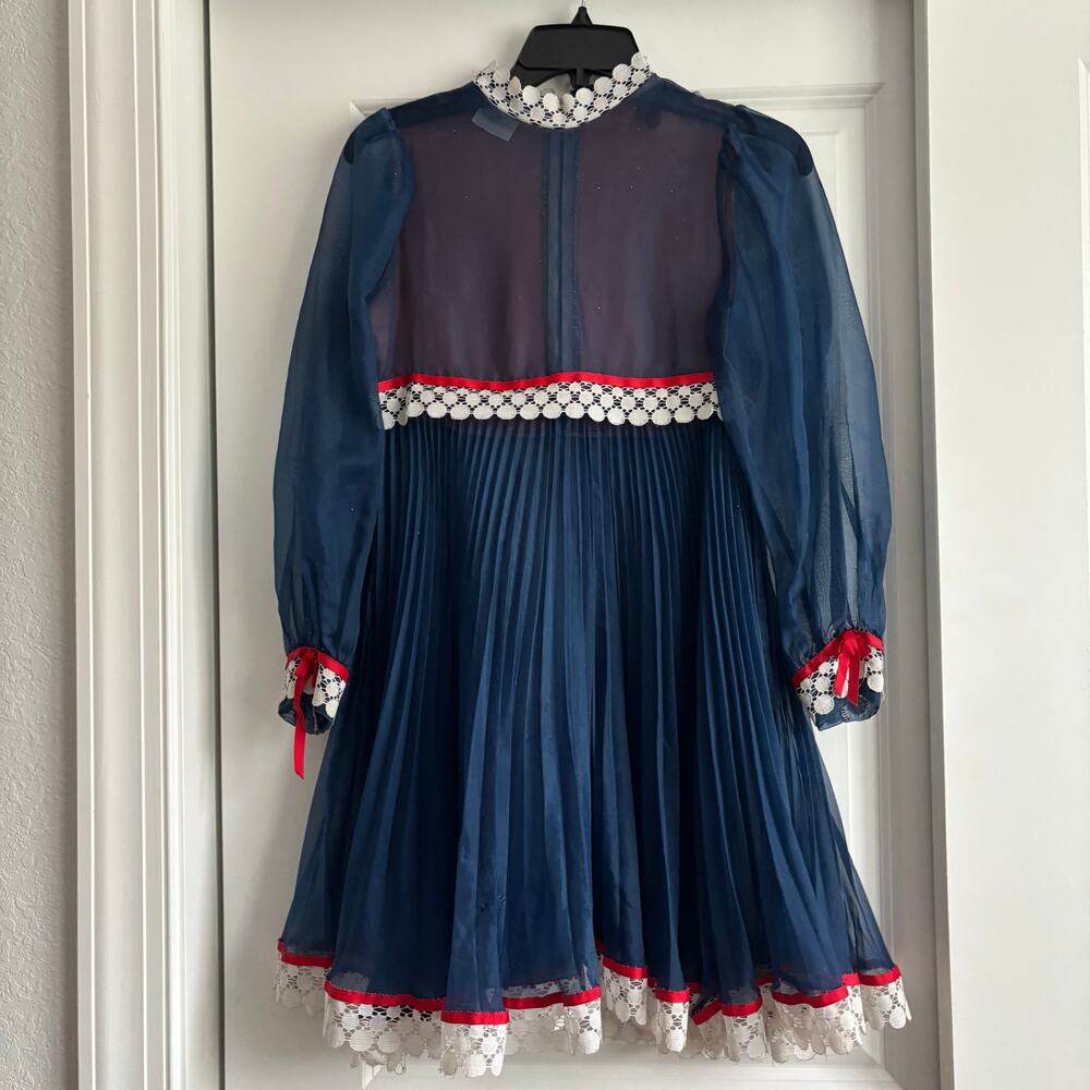 VTG Sears Roebuck & Co‎ Dress 14 Navy Blue Pleated Sheer Lace Victorian Mod Mini